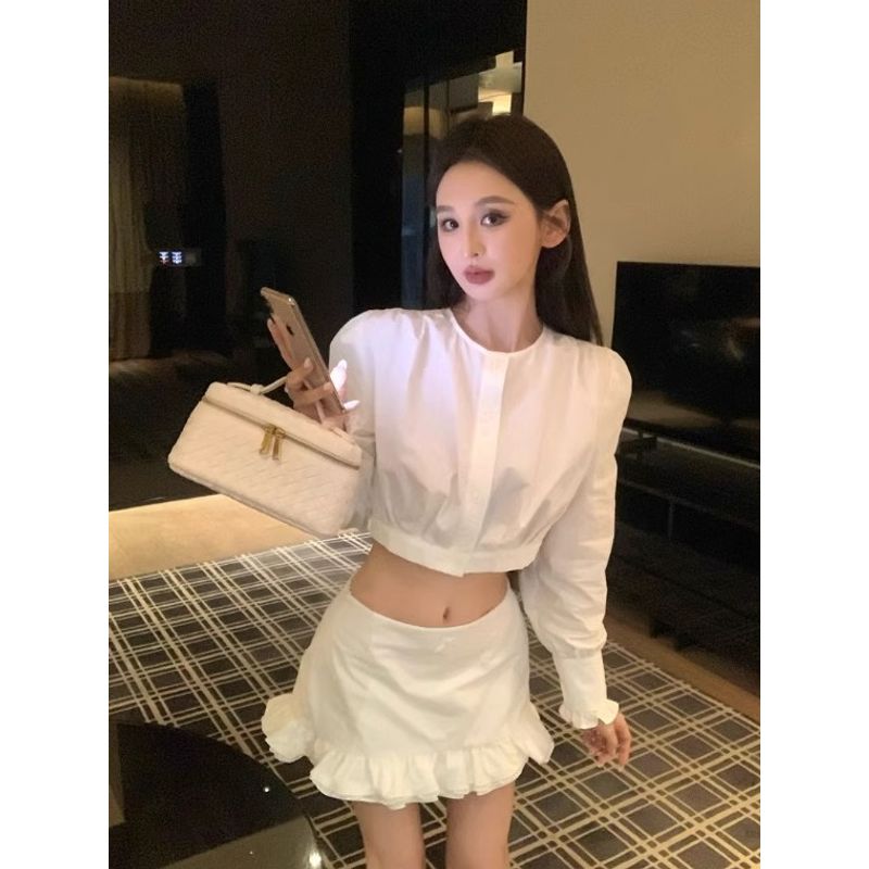 Kumikumi Stylish Single-Breasted Short Shirt Women Fall Ruffles Solid Skirt Short Skirt Two-piece Set
