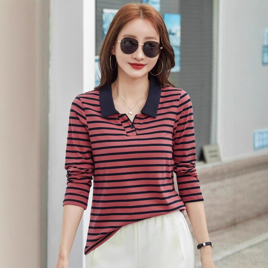 New Striped Polo Shirt Plus Size Women's Autumn Long Sleeve Base Korean Style Casual Ladies T-Shirt Age-Reducing Top Turn-Down Collar