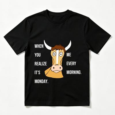 Monday Blues Cartoon Cow T-Shirt Funny Work Week Humor Graphic Casual Tee