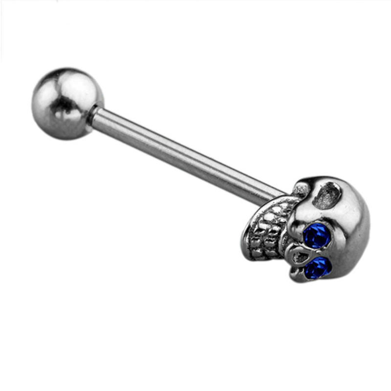 Stainless Steel CZ Gem Skull Silvery Tongue Barbell Ring Bar Body Piercing
