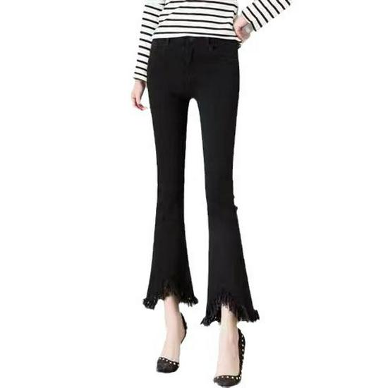 Women's High-Waist Cropped Flare Jeans, 2023 Winter, Velvet-Lined, Korean Style, Slimming, Draped, with Slit and Fringed Hems