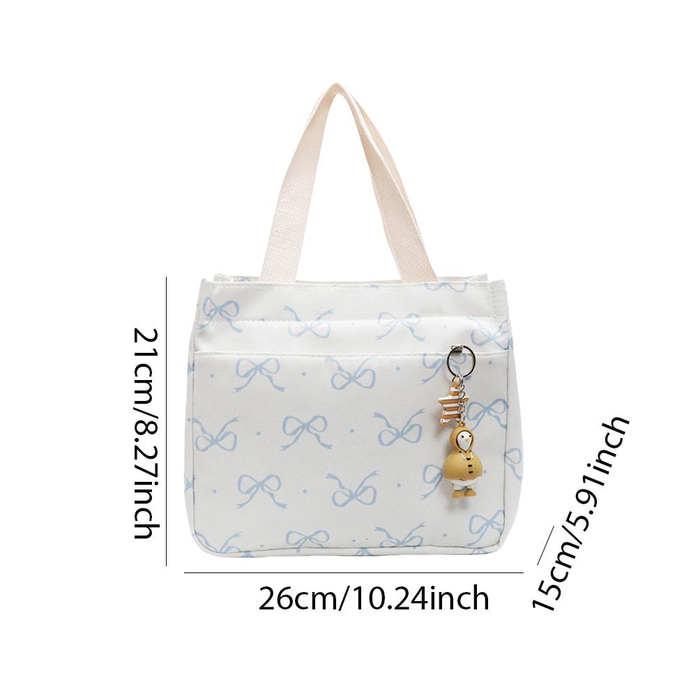Insulated Canvas Lunch Bag Thermal Food Picnic Lunch Box with Handle Bow Print Tote Bag Functional Lightweight Hobo Bag