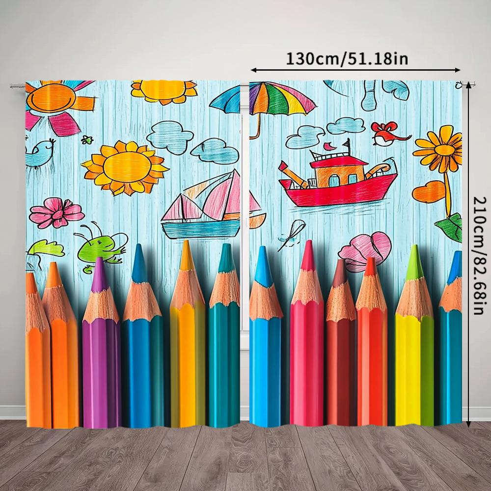 2pcs, Spring Summer Curtains Crayon Art Art Digital Print Drapes Fabric Versatile All Use for Bedroom, Kitchen, Office & Living