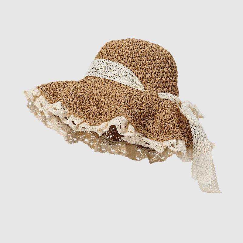 Straw Hat for Women Summer Handmade Weave Hollow Lace Up Anti-UV Beach Cap Foldable Large Brim Panama Bucket Fashion Sun Hat