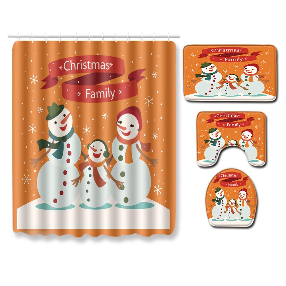 Christmas Shower Curtain Floor Mat Combination Four-Piece Set Bathroom Toilet Carpet Shower Room Mat Foot Mat