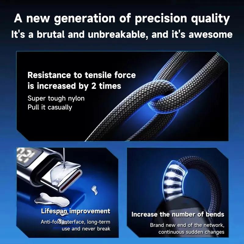 Digital Display Type C Cable 240W Super Fast Charging Cord Sturdy Nylon Braided USB-C Type-C Data Line for IPhone Samsung Xiaomi