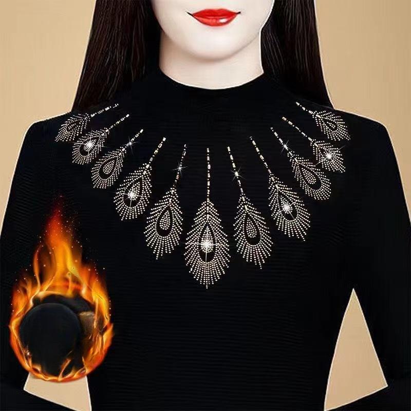 

Women s Double-Sided Velvet Base Shirt Autumn Winter Semi-Turtleneck Long Sleeve T-Shirt Slim Fit Rhinestone Warm Base Shirt 4XL