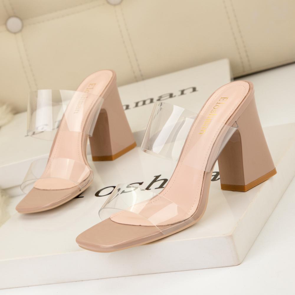 Fashion 2025 Summer Women Block Fetish 8.5cm High Heels Nude Mules Transparent Thick Sandals Female Pumps Clear Low Heels Black Shoes
