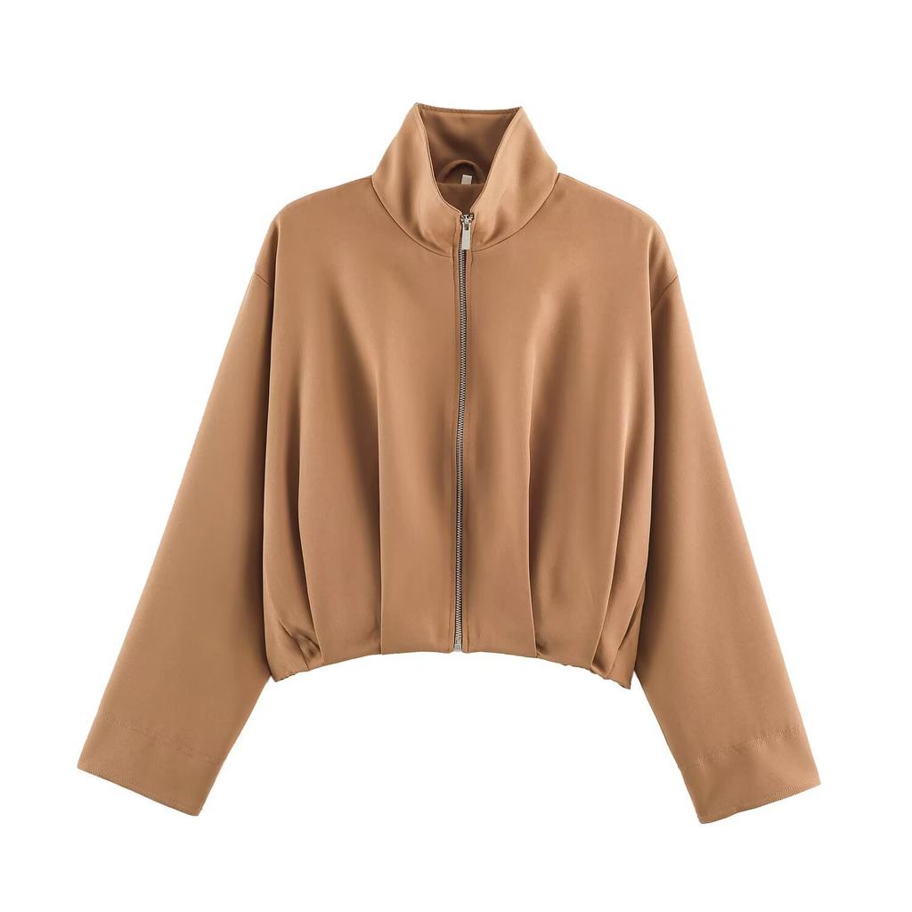 Women High Neck Long Sleeve Zip Pilot Short Jacket