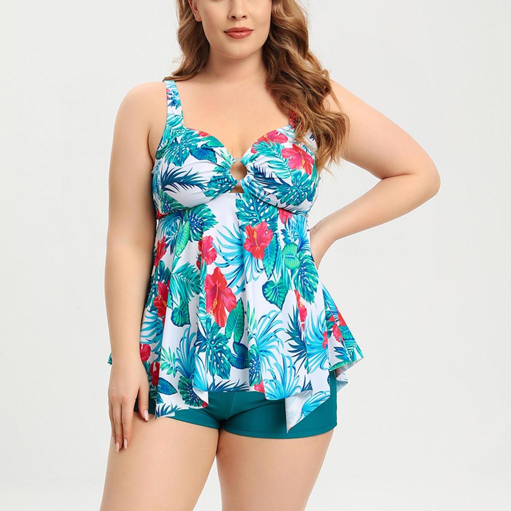 Plus Size Two Piece Swimsuit Women Tankini Swimwear with Removable Padding Wireless Bra and Boyshorts Bottoms for Beach Pool