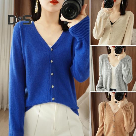 Spring Summer Knitting Cardigan V-Neck Long Sleeve Ribbed Cuffs Sweater Solid Color Single Breasted Stretchy Knitwear