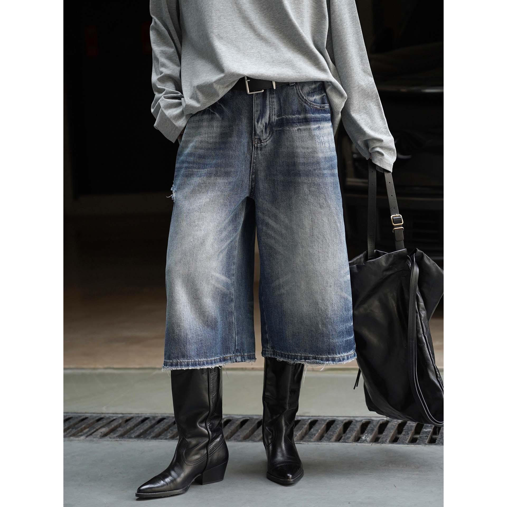 Women s Retro Korean Style Ripped Wide Belt Straight-Leg Cropped Jeans Large