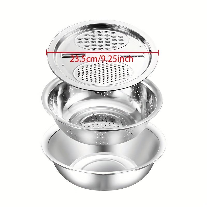 3-teiliges Edelstahl-Set - Multifunktionelles Sieb & Rührschüssel für Obst- & Gemüsewäsche & Schneiden