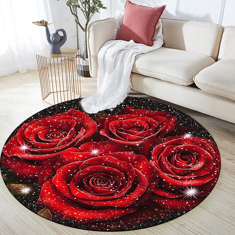 Red Roses Round Area Rug,Carpet Rug for Living Room Bedroom Sofa Playroom Decor,Non-slip Floor Mat