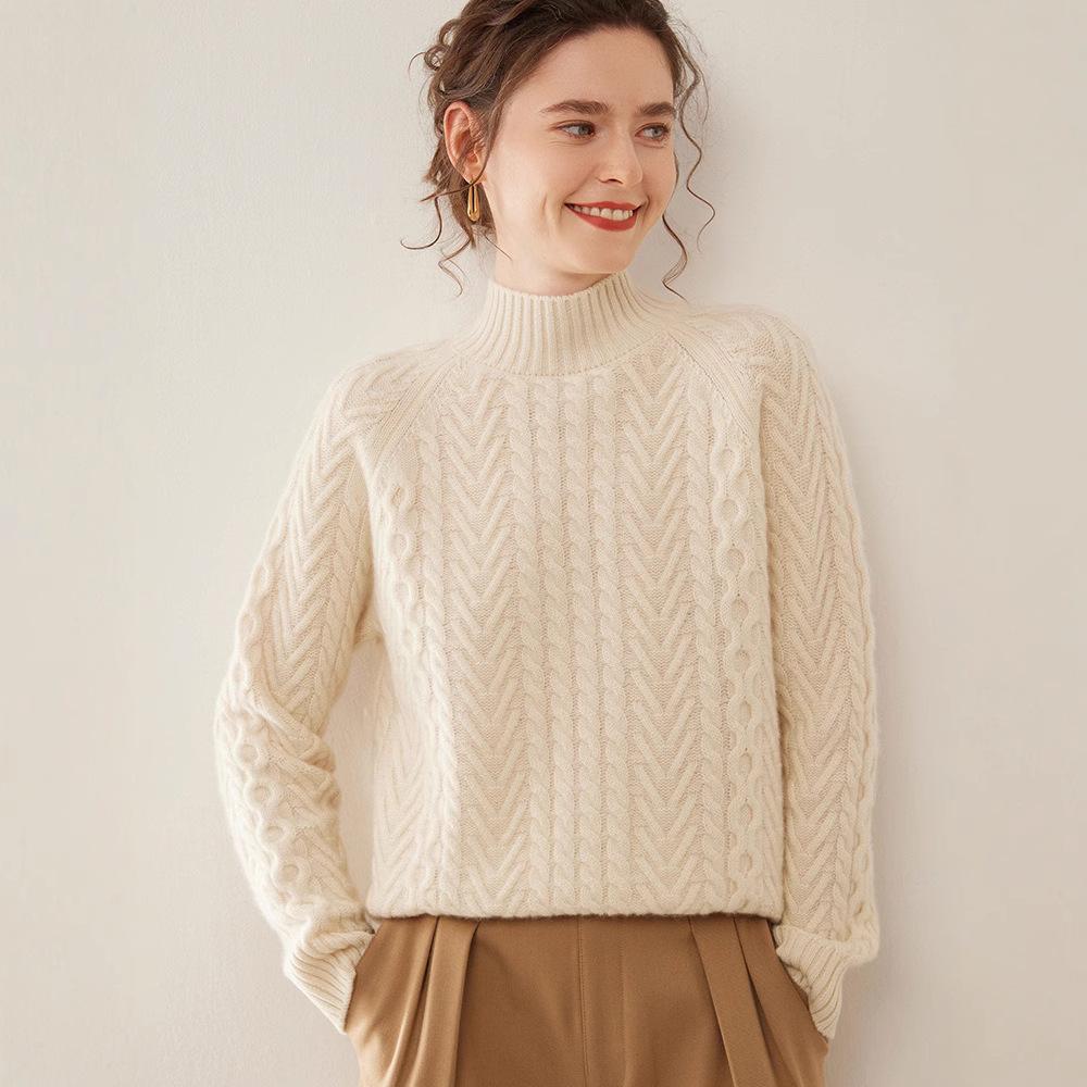 Women's Cashmere Jacquard Sweater: Thick, Heavyweight Three-Strand Knit, Half-High Collar, Loose Fit, Long Sleeve Pullover for Autumn/Winter.