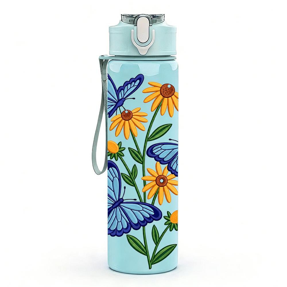 1PC Blue Butterfly Daisy Floral 750ml Color Plastic Sports Water Bottle Leakproof Flip Straw Lid Suitable for Sports Office Home Use