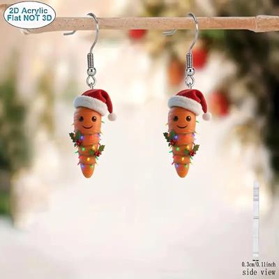 Festive Santa Hat Carrot Earrings - Flat Acrylic Christmas Cartoon Vegetable Jewelry