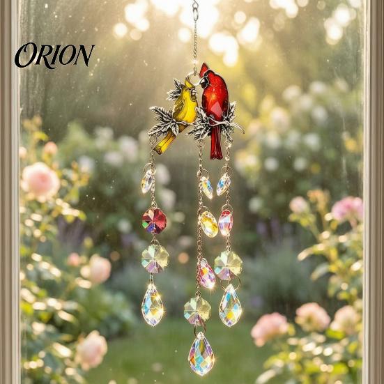 Colorful Light Catching Decor Cardinals Faux Crystals Suncatcher, Hanging Sun Catcher for Windows, Bird Wind Boho Balcony Decoration Chimes