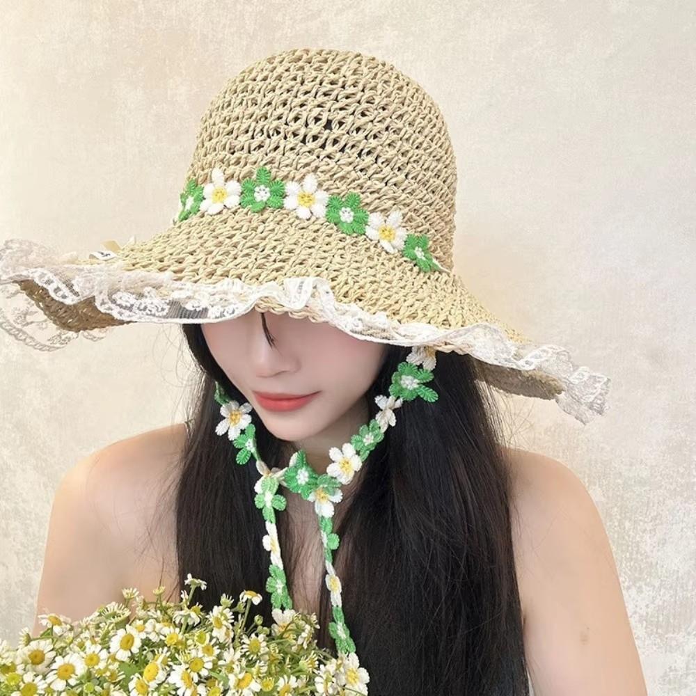 Breathable Flower Straw Hat Lace Trim Beach Hat Women Visor Bucket Hat  Seaside Vacation