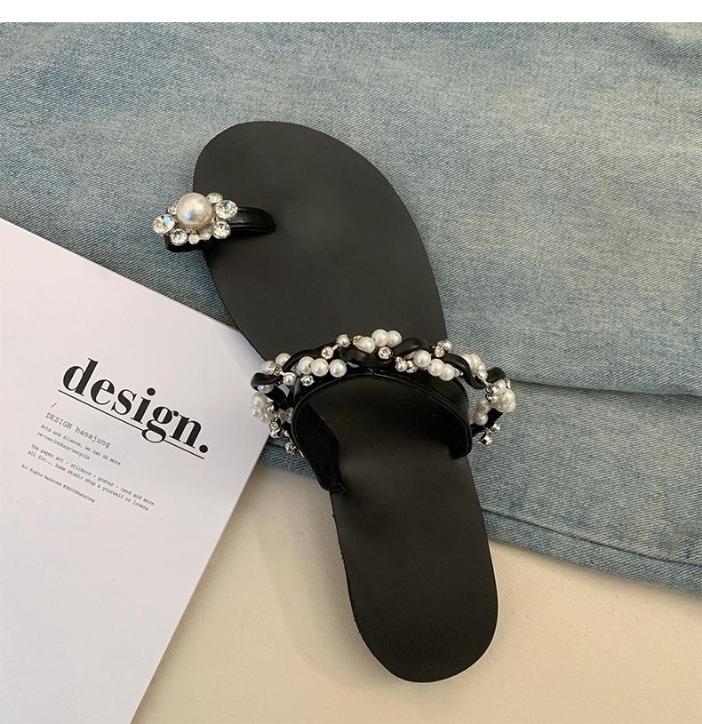 Rhinestone Slippers Women Summer Fashion One-word Drag Square Head Flat Bottom Vacation Travel Beach pearls Sandals and Slippers