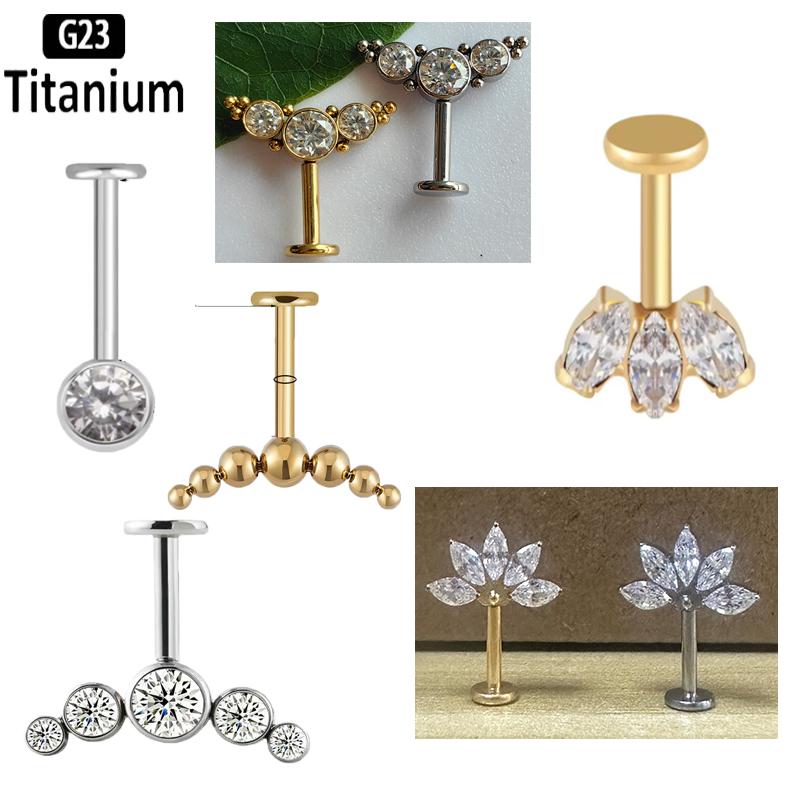 ASTM F136 Titanium 16G Marquise CZ Screw Flat Back Vertical Helix Piercing Ear Cartilage Stud Earrings G23 Titanium Body Jewelry