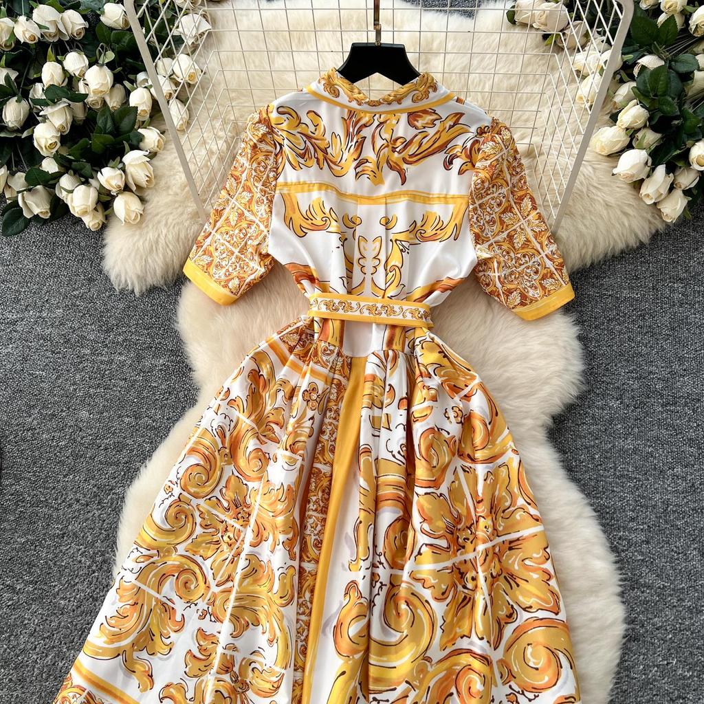 Vintage Red Baroque Print Shirt Dress Women Turn Down Neck Short Sleeve Button Front Belted High Waist Party Vacation Midi Dress