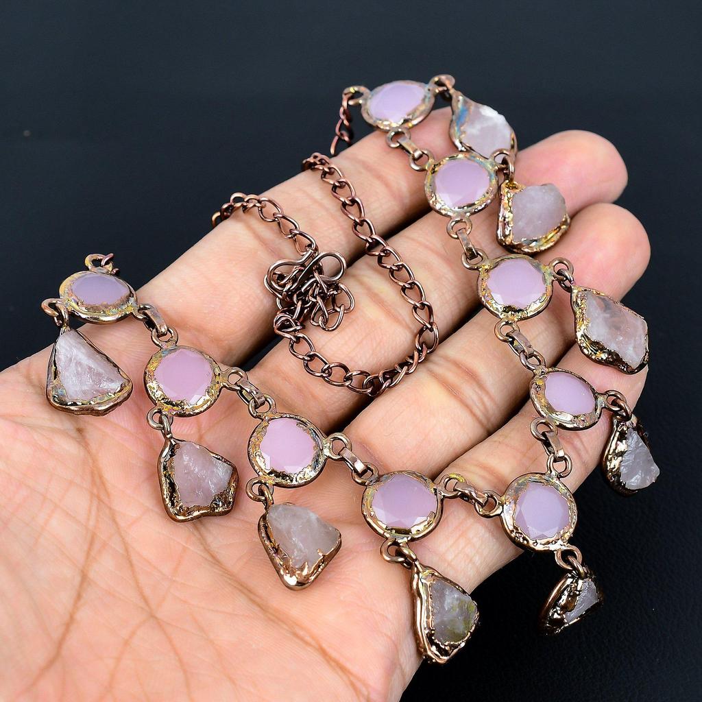 Rose Quartz Handmade Latest Design Jewelry Necklace, Copper Electroformed Gemstone Necklace, Gift For Mother