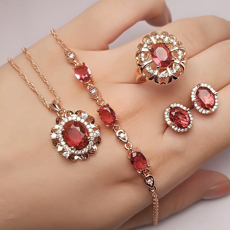 2026 Pigeon Blood Corundum Four-piece Jewelry Set Plated 18K Gold Rose Red Ring Necklace Resizable