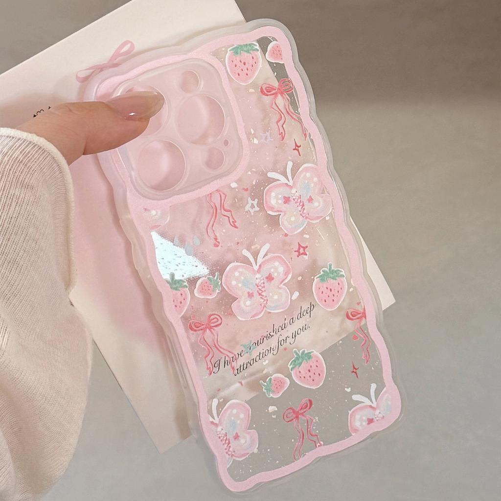 Pink Strawberry Butterfly for IPhone16 Apple 13 Mobile Phone Case 11 Transparent 15promax All Inclusive 14 Sweet