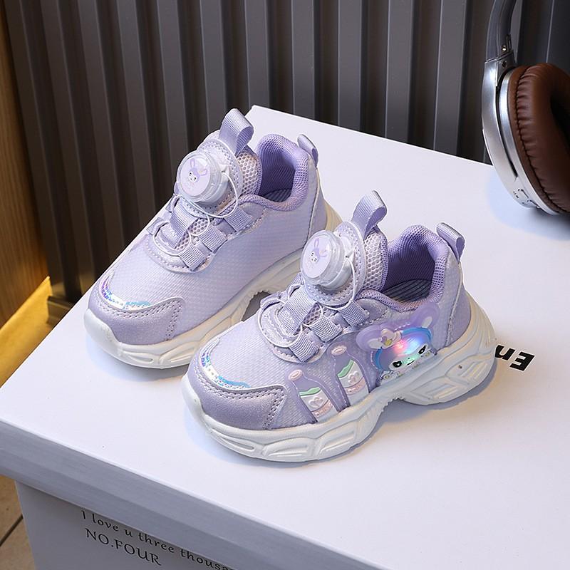 Girls Running Shoes With Rotating Buckle Cartoon Design Soft Sole Breathable Light-Up Sneakers Toddlers Kids