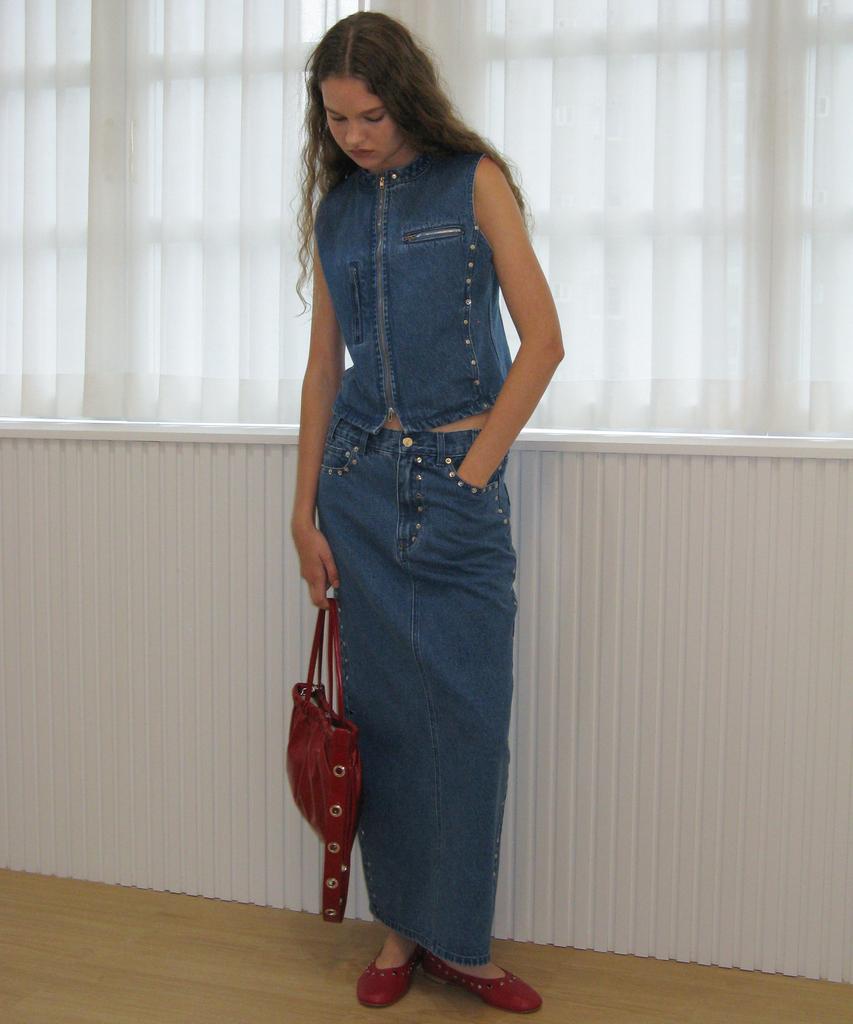 Partimento Woman Studded Denim Maxi Skirt_Mid Blue