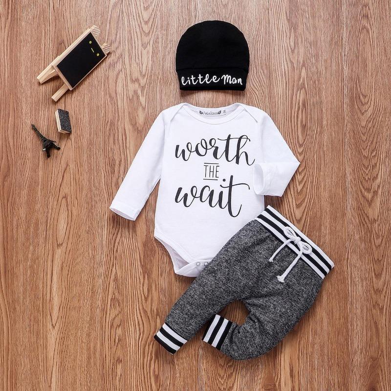 Newborn Infant Kid Baby Boy Girl Autumn Long Sleeve Tops Romper Jumpsuit Long Pants Hat Baby Clothes Outfits 3Pcs Set