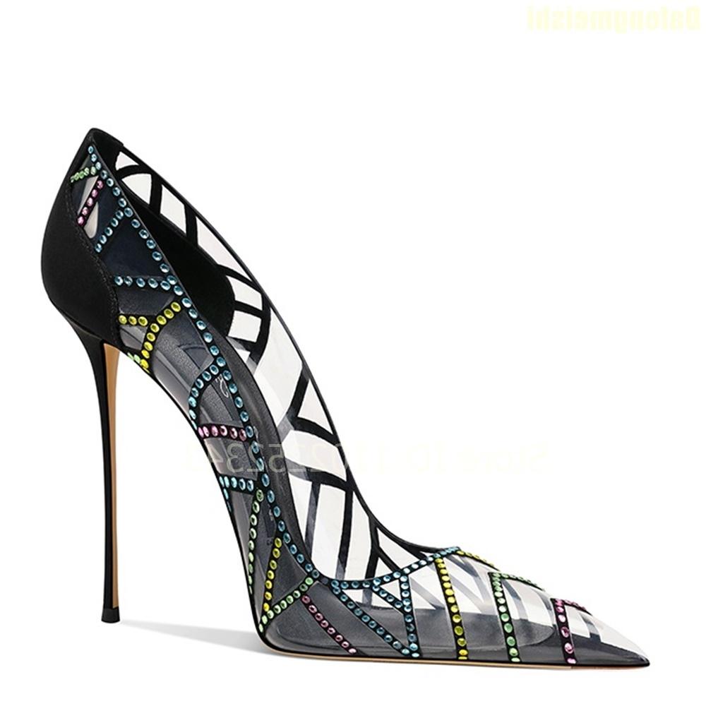 Fashion Black Transparent Colorful Rhinestone Bling Bling Pumps 2025 Spring New Pointed Toe Stiletto High Heels Shallow Fashion Sandals