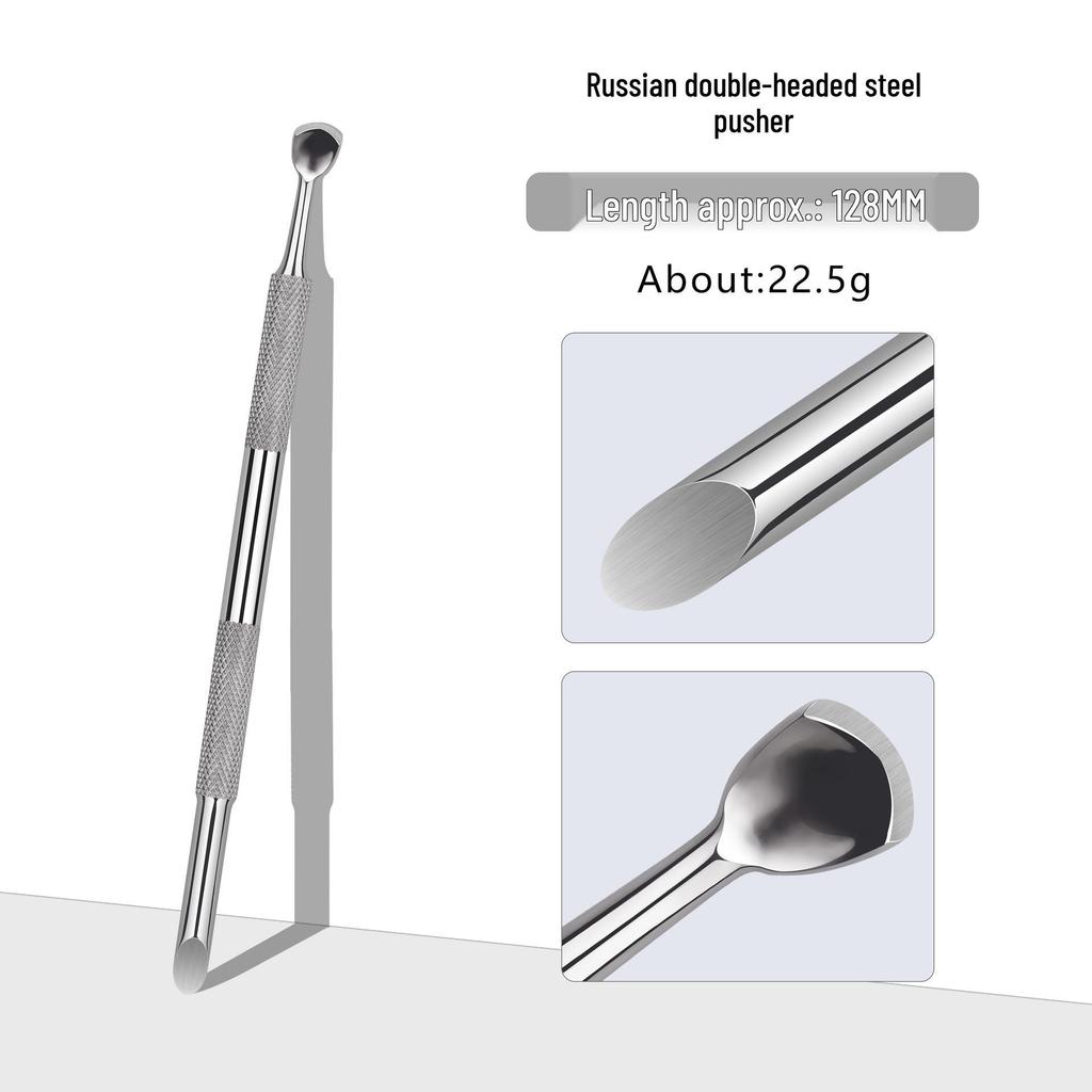 Russian Style Slanted Head Nail Art Tool: Double-Headed Steel Pusher & Gel Remover Stick.