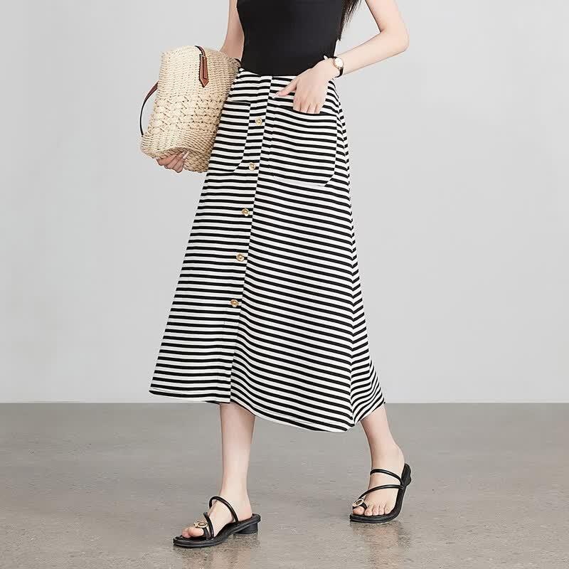 Demana Classic Stripe A-Line High-Waist Mid-Length Skirt