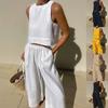 Cotton and Linen Pant Sets Women Sleeveless Leace-up Short Tops Drawstring Long Pants Two Piece Set Commuting Summer