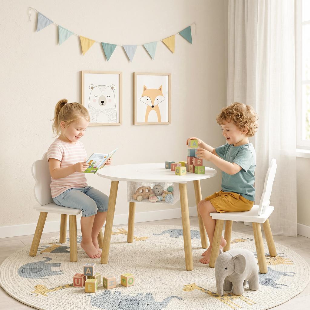 Children's Table and Chair Set, Wooden Table, 2 Chairs, Storage Bag, White