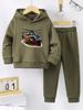 2er-Set Herbst/Winter neu lässiger Komfort Sportstil warm Jungen Flugzeug bedruckter warmer gefütterter Hoodie und Trainingsanzughose