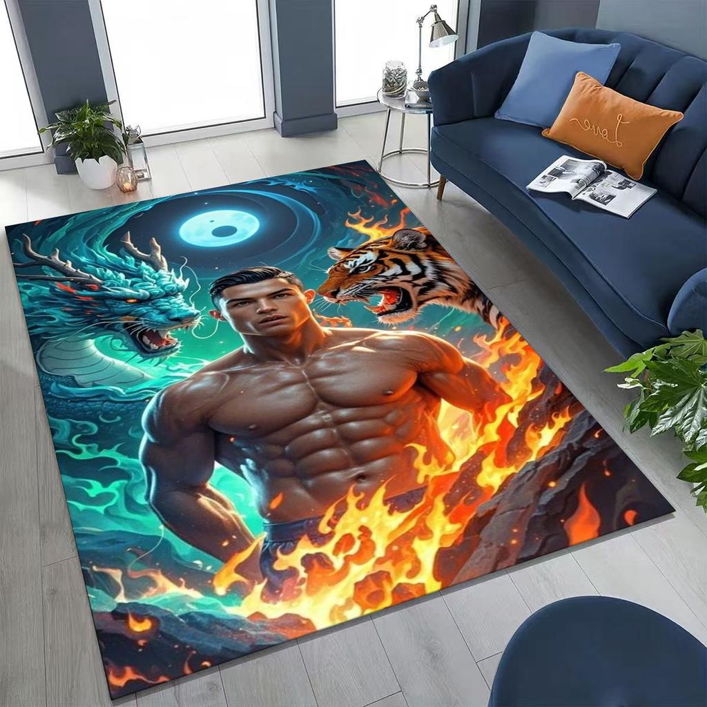 3D Goat Football Star R-Ronaldo Cartoon Art Carpet Rug for Bedroom Living Room Sofa Home Doormat Decor,Large Non-slip Floor Mat