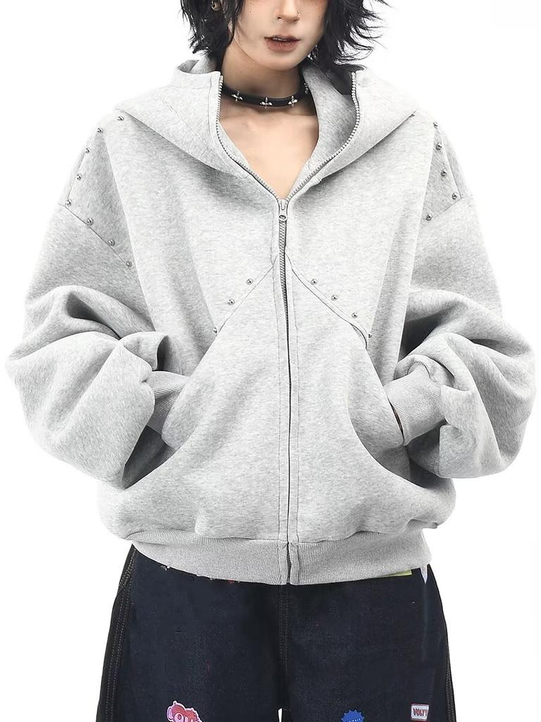 Damen Baggy Kapuzenpullover Niet-Spleißmantel Reißverschluss Strickjacke Jacke Harajuku Kleidung Herbst Winter