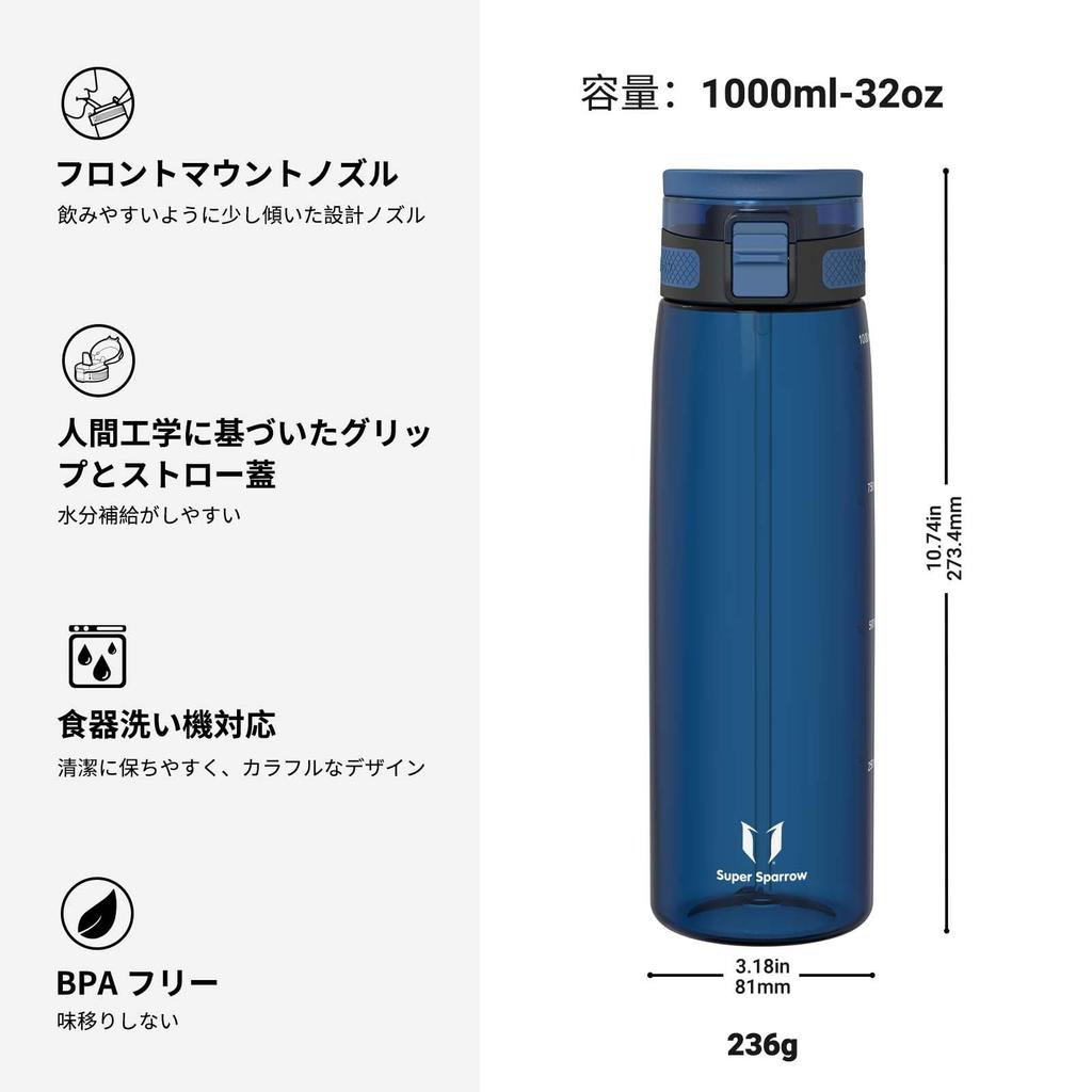 Super Sparrow Water Bottle - 1L - Made with American-made Tritan BPA-Free Straw - Suitable for Sports, School, Baseball, Outdoor Activities, Camping,