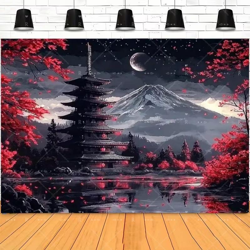 Japanese Landscape Theme Ink Painting Backdrop Red Cherry Blossom Scenery Poster Banner Art Home Decor Photo Background Props2195
