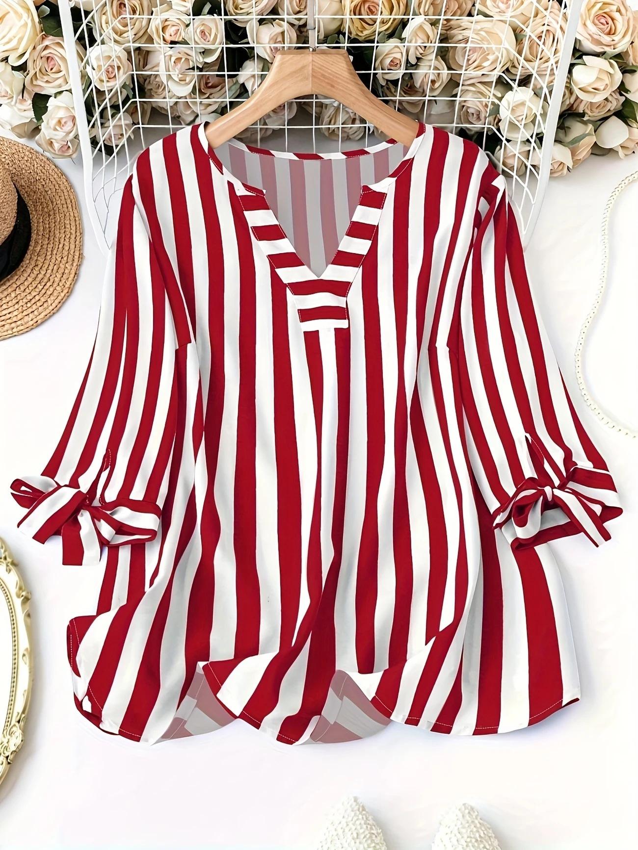 

Женская летняя полосатая повседневная рубашка с рукавом три четверти XL красный