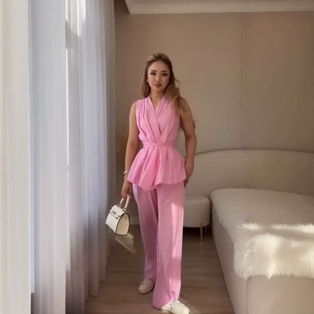 Costum de navetă european și nou pentru femei, cu decolteu în V, fără mâneci, cu șireturi în talie, pantaloni cu talie înaltă și crac lat