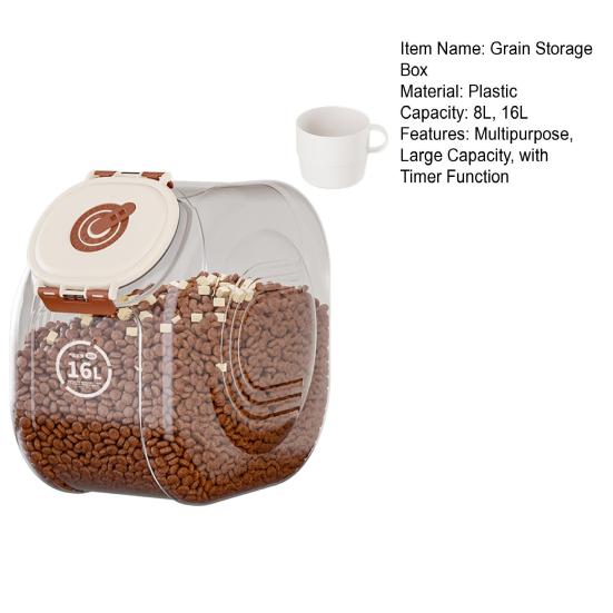 Vzduchotěsná nádoba na skladování obilí Průhledná nádoba na krmivo pro domácí mazlíčky s funkcí časovače 8L 16L Vlhkotěsná nádoba s odměrkou pro obilí a domácí mazlíčky