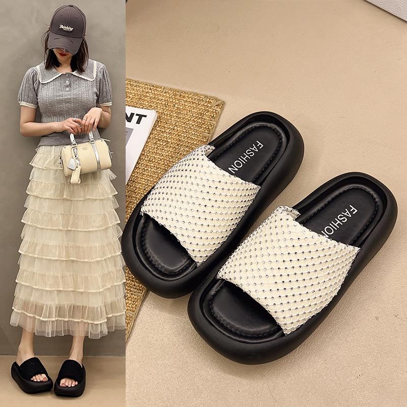 2025 Summer Muffin Thick-bottomed Cool Slippers New Cross-strap Fashionable Soft Bottom with Skirt Beach One-word Slippers Women