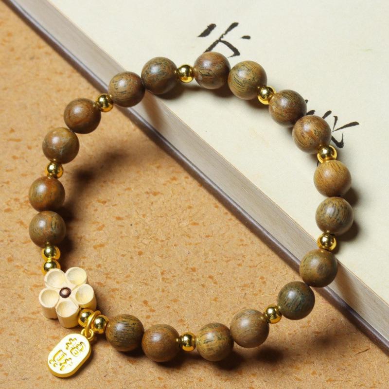Temple Green Sandalwood & Peach Blossom 8mm Bracelet - Ancient Chinese Style Student Collection
