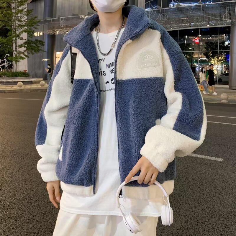 

Мужская модная флисовая куртка из овечьей шерсти 2024: Свободное пальто с воротником-стойкой и цветными блоками с хлопковой подкладкой 2XL синий