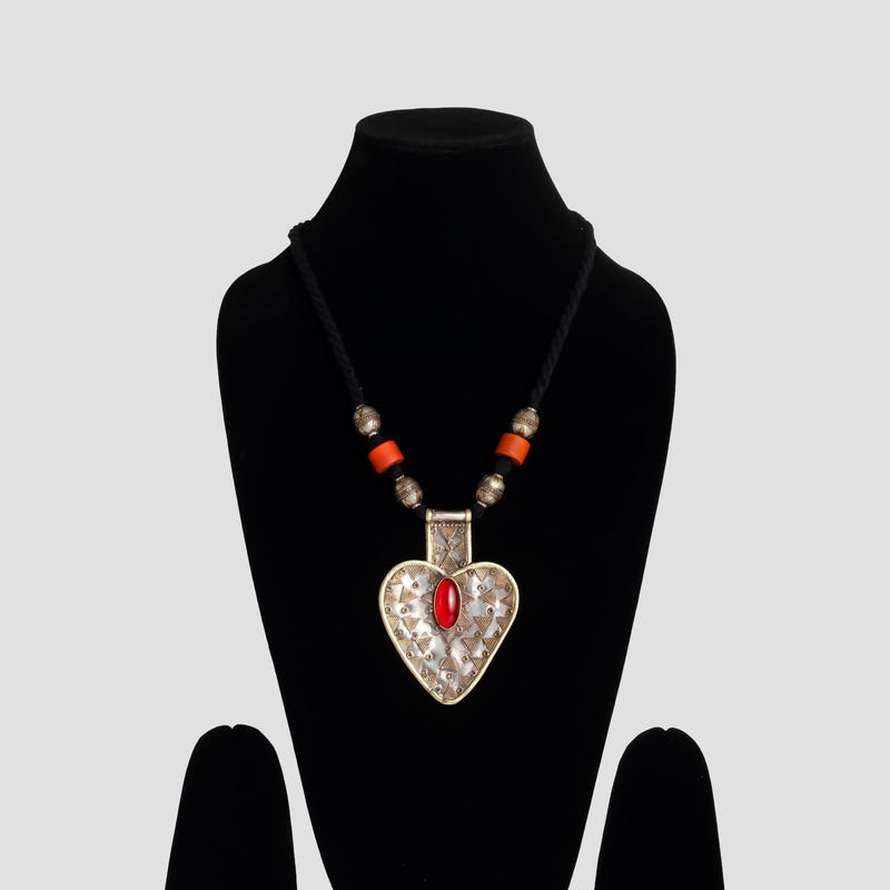 

Vintage Afghan Bib Necklace: Red Glass Stone