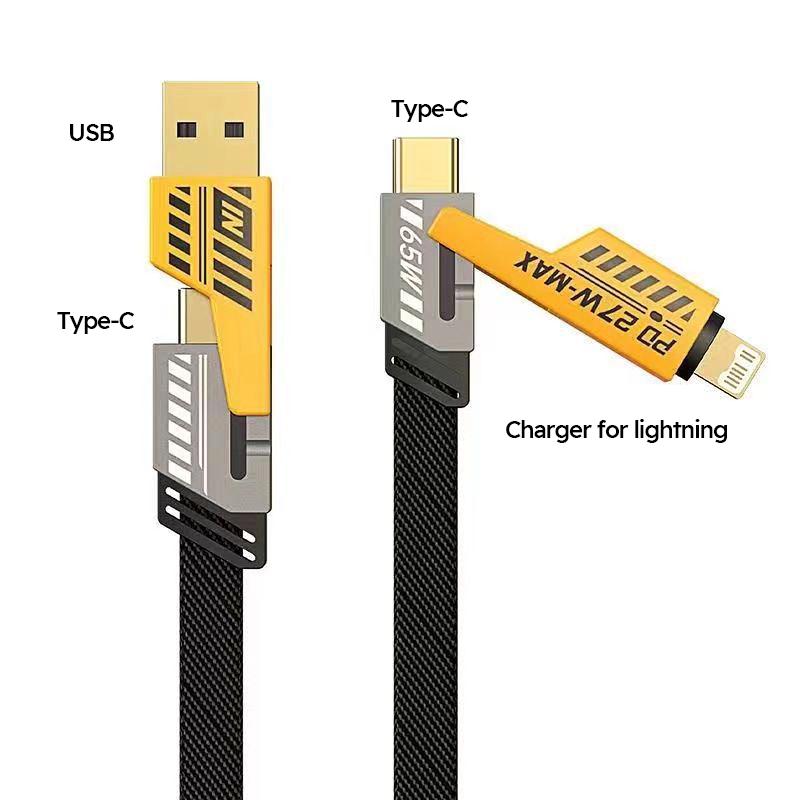 4-in-1 USB C Charging Cable Type-C Connector Nylon Braided PD 65W 27W Fast Charging For IPhone Samsung Xiaomi Android Phone